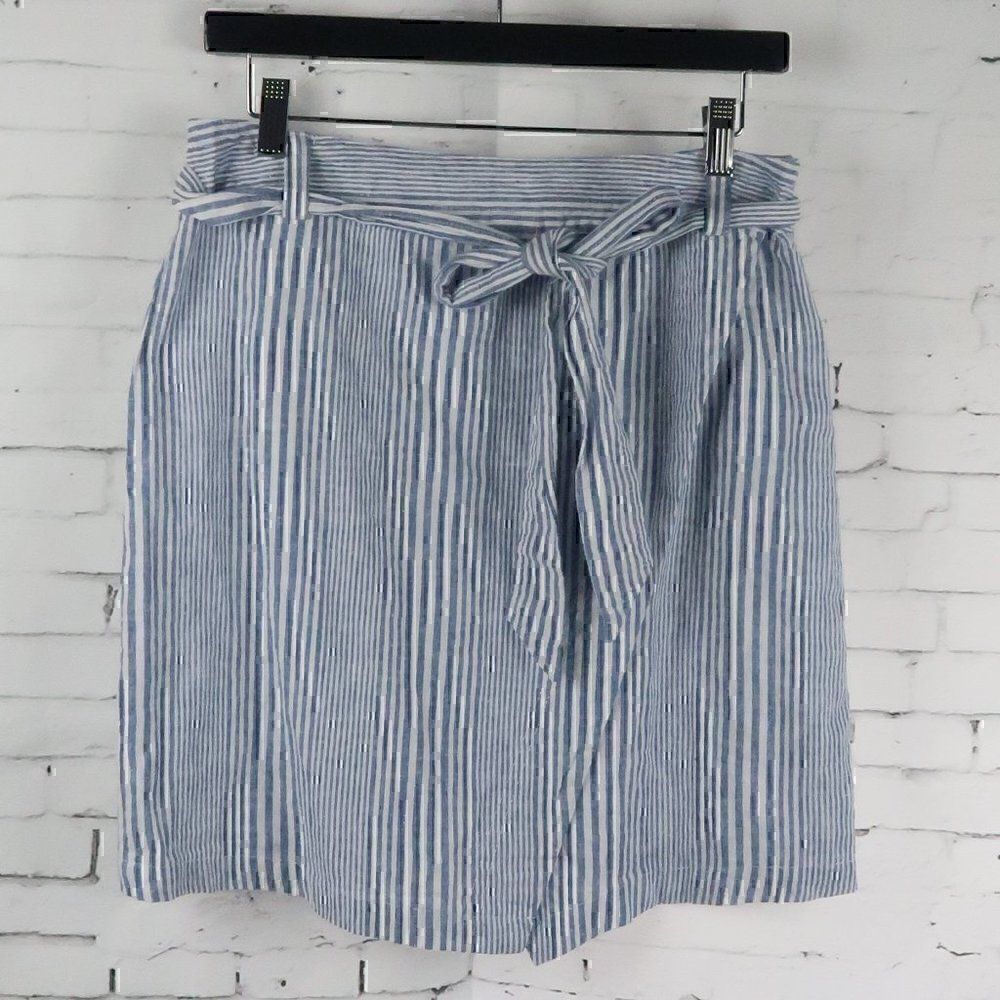 JUST LIVING BLUE & WHITE STRIPE MOCK WRAP LINEN BLEND MINI SKIRT SIZE SMALL